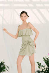 Silk draped mini dress with ruched side detail and tie shoulder straps
